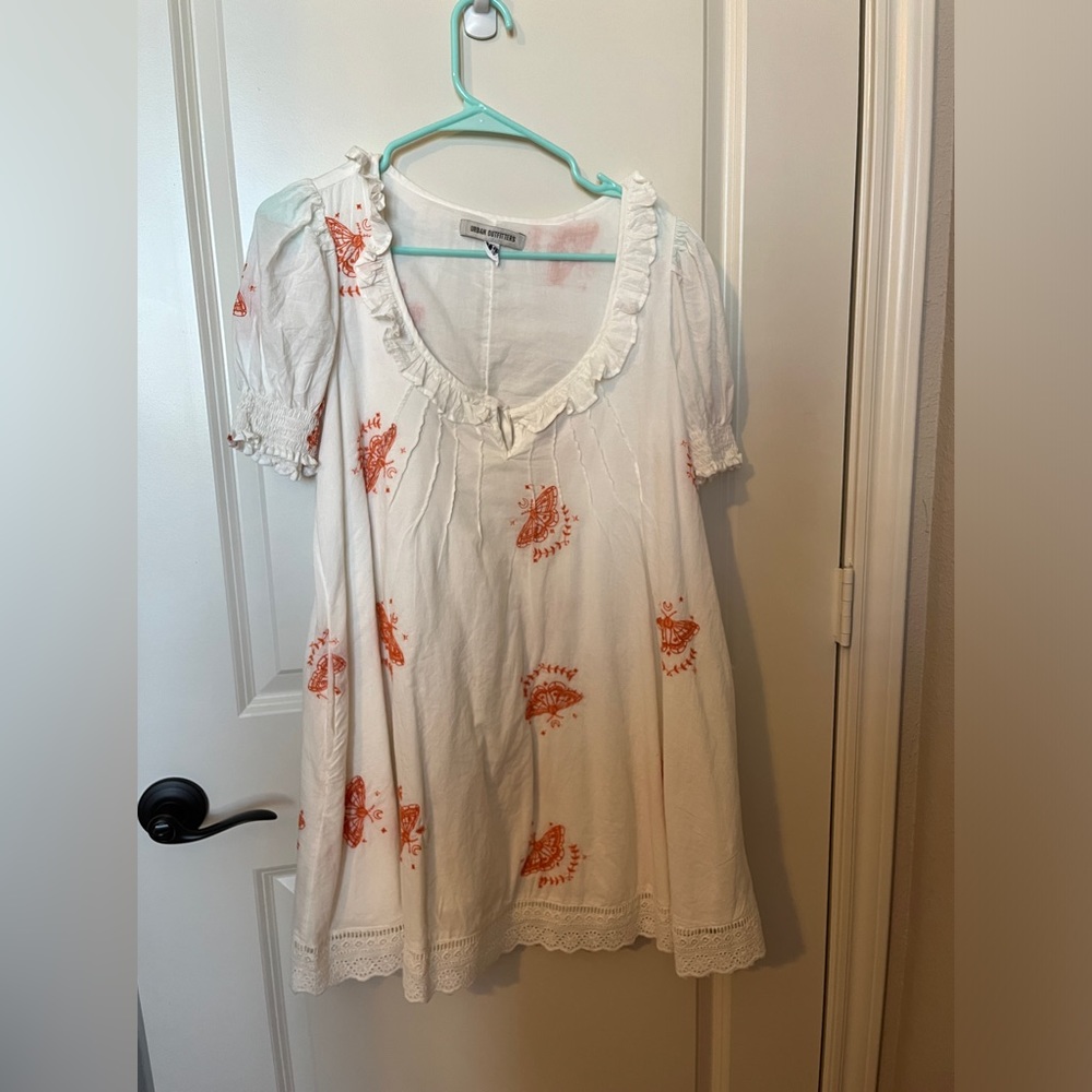 White and orange embroidered babydoll scoop neck dress